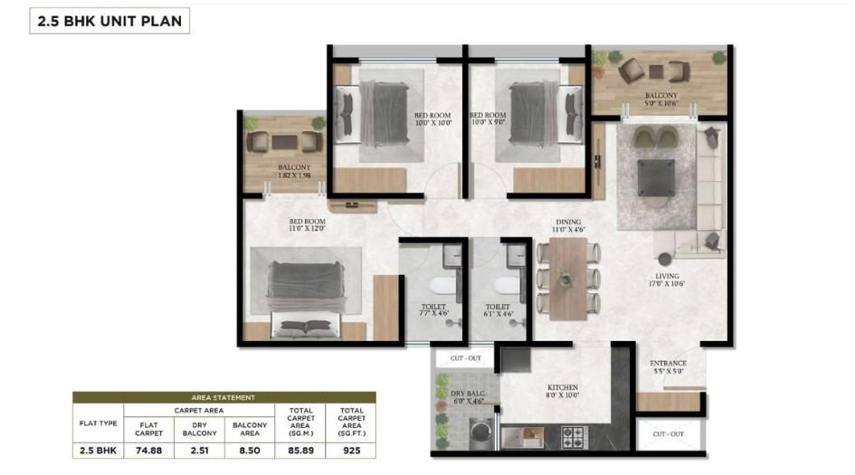 Triaa-Nesteraa-FLoor-Plan-2.5 BHK-925 Sqft